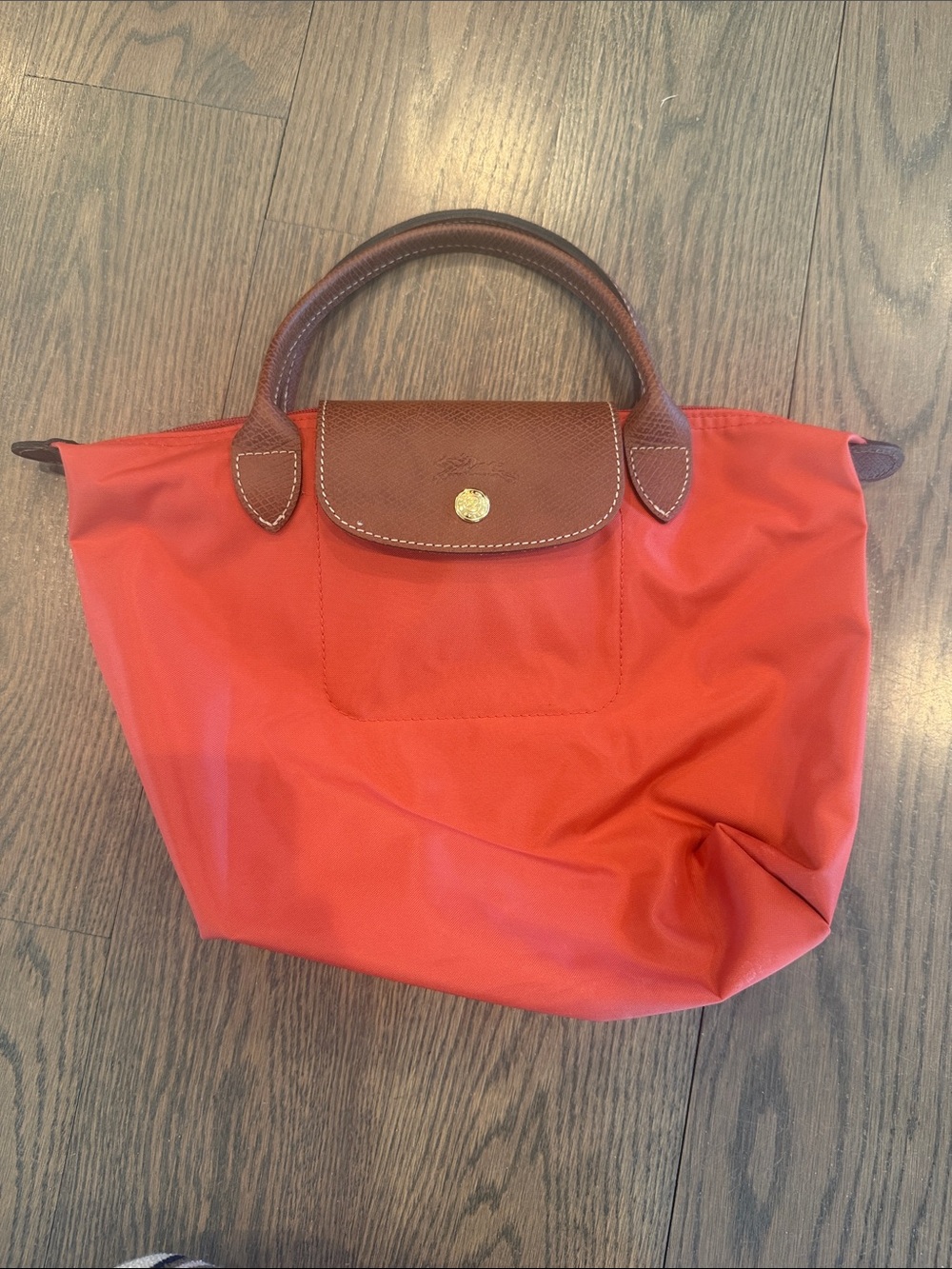 Longchamp Small Top-Handle Tote in Red with Brown Trim
